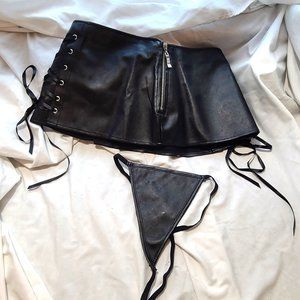 NWT Sensuous by Design Lingerie Faux Leather Black Skirt Thong Set Med Adult